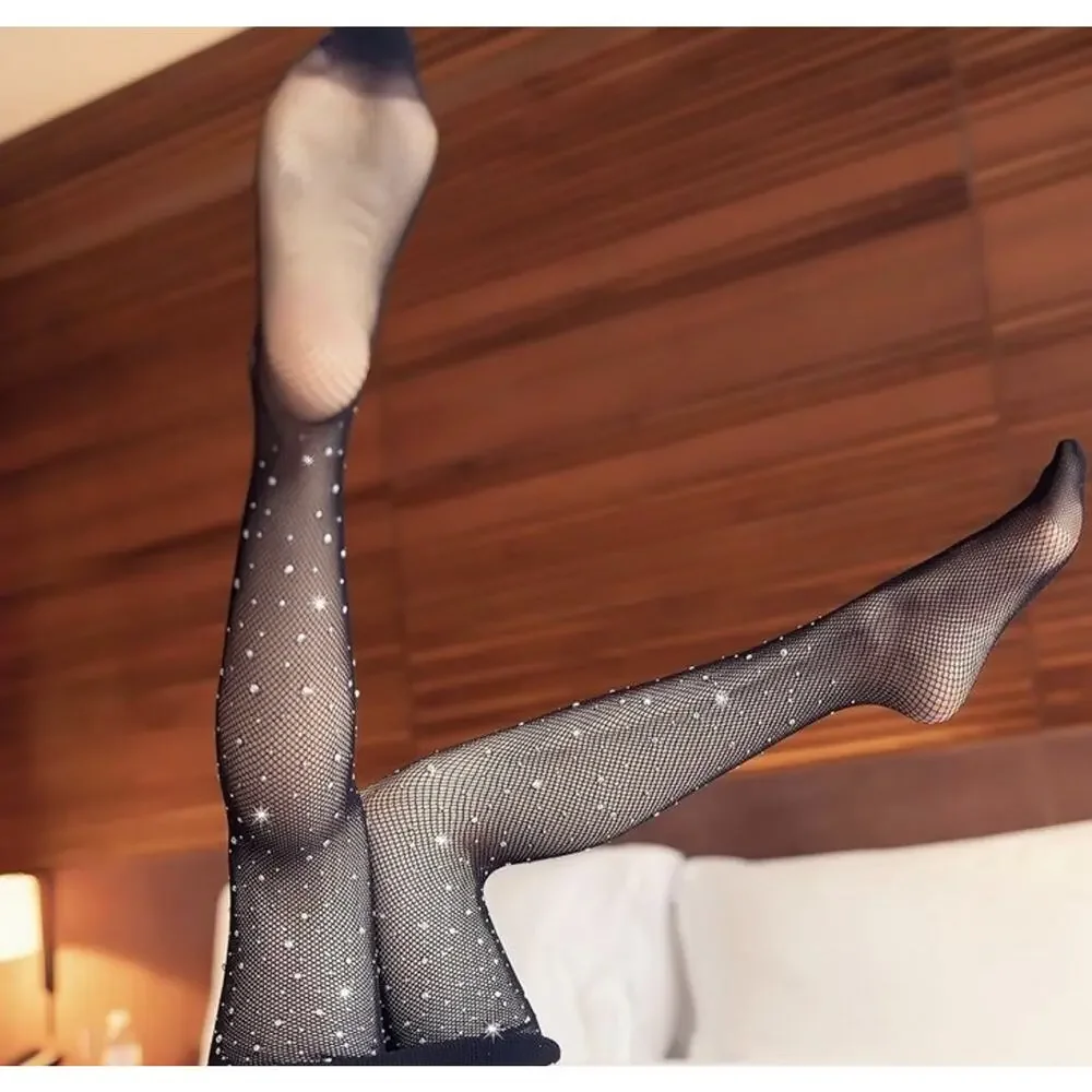 2 Pairs Women Rhinestone Fishnet Sexy Stockings High Waist Mesh Tights Pantyhose